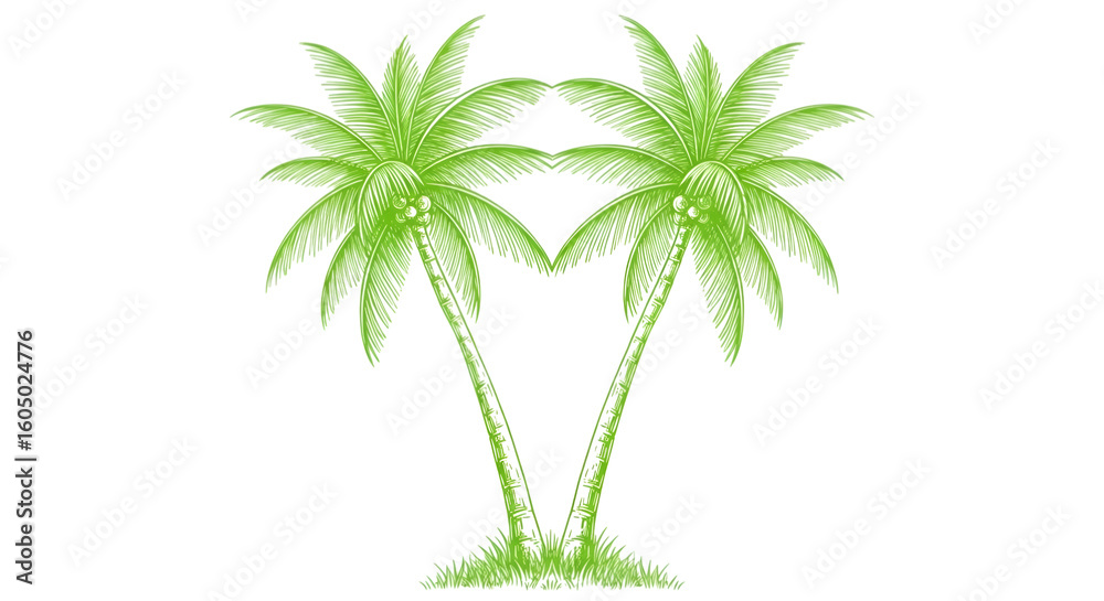Obraz premium Green sketch of two coconut palm trees on white isolated on transparent background