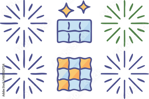 Six simple hand drawn graphic elements with starbursts and quilted patterns vector