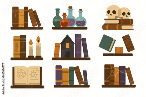 Set of Halloween Bookshelf Icons in Flat Vector Style