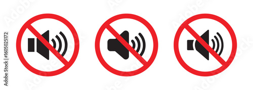 Sound off icon set. Prohibition sign of no speakers or sound devices with sound waves symbol design illustration. Red ban sign with Volume icon set