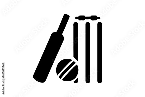 Cricket Icon: Bat, Ball, and Wickets - Solid Black Vector Silhouette