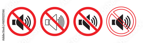 Sound off icon set. Prohibition sign of no speakers or sound devices with sound waves symbol design illustration. Red ban sign with Volume icon set