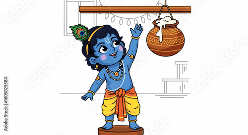 Little Krishna Reaching for Butter Pot: A Playful Janmashtami Vector