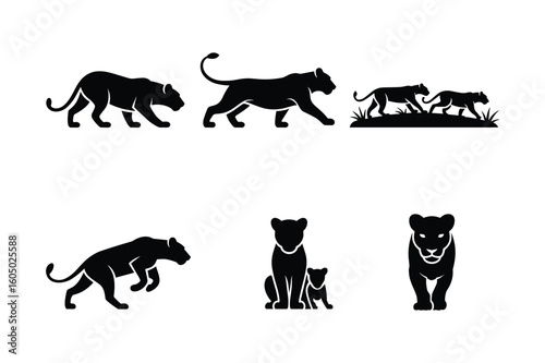 Black silhouettes of lions and cubs in various poses big cat