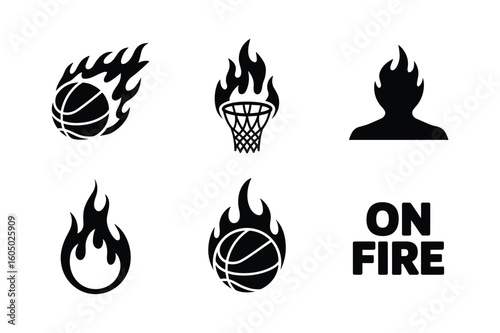 Flaming basketball hoop silhouette person and text on fire flames
