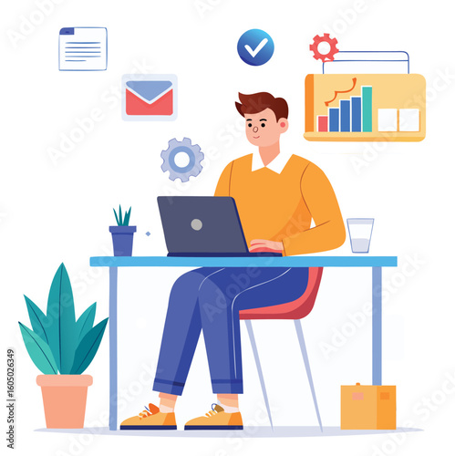 Young entrepreneur managing online store – color vector illustration on white background