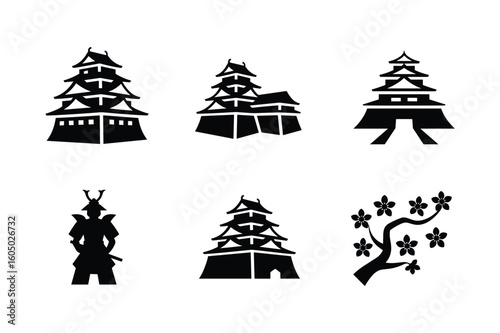 Japanese castles and samurai warrior with cherry blossoms sakura