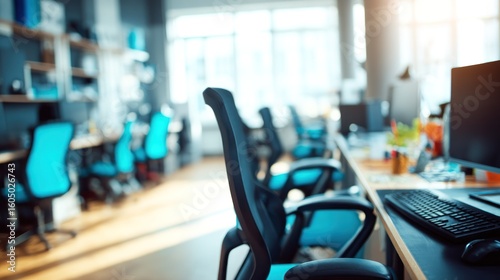 Empty office space with teal chairs and computers.
