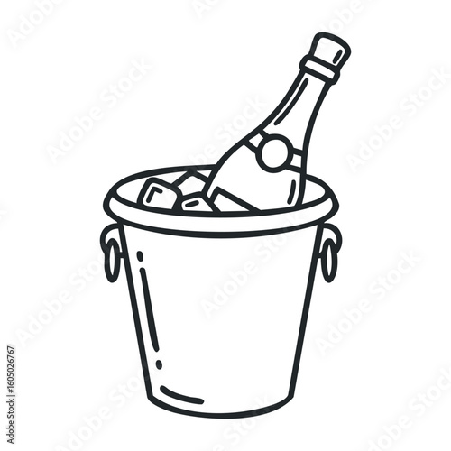 Champagne bottle in ice bucket outline sketch for celebrations. Vector illustration