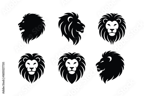 Lion head silhouettes facing left and front profile front view