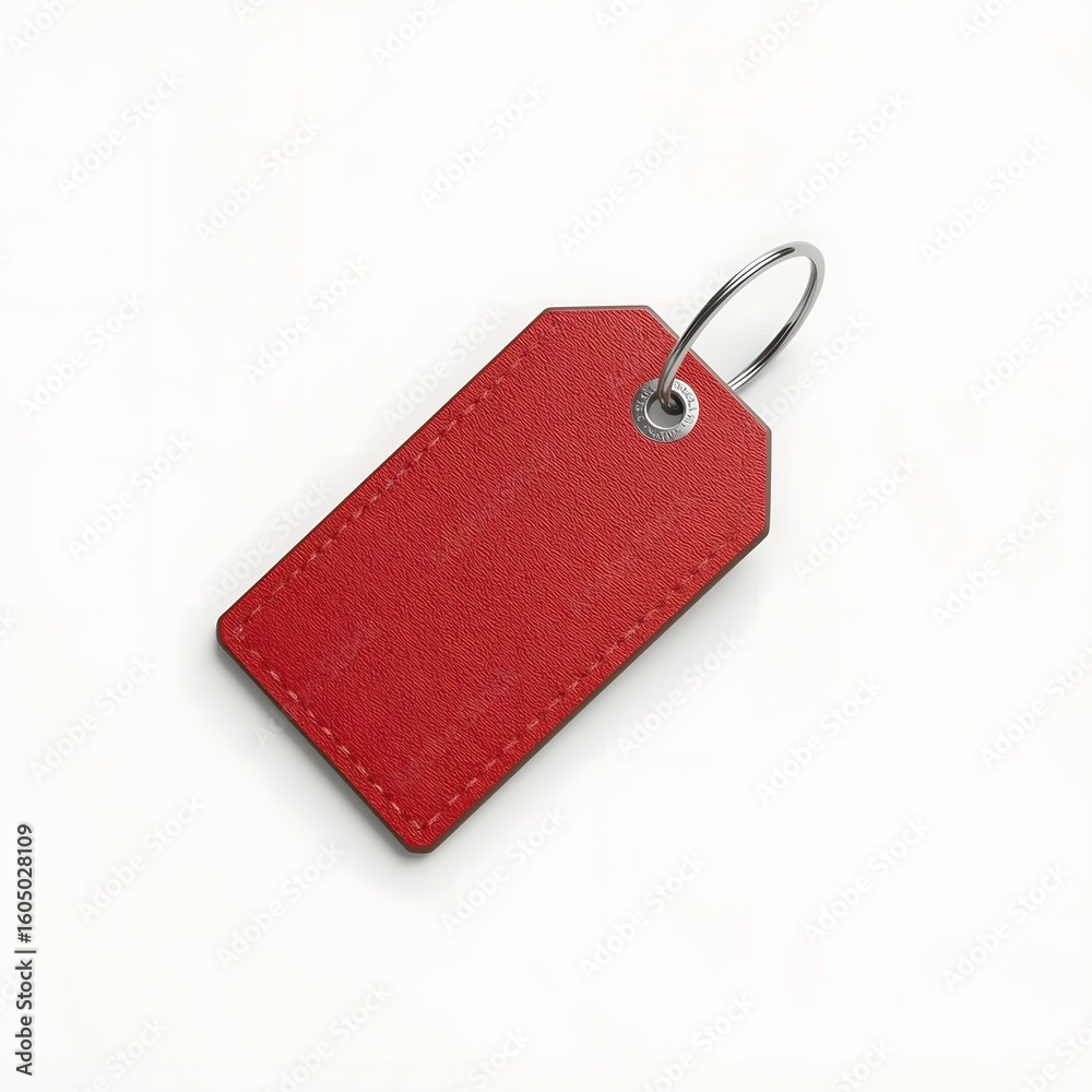 Fototapeta premium Bright red textured leather luggage tag with metal ring