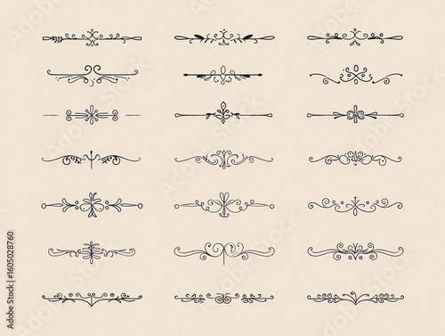 A collection of vintage decorative line art elements and dividers on a beige background