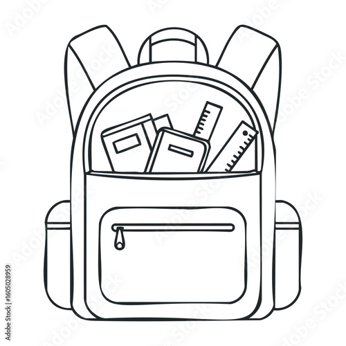 Children's backpack with books and rulers - school supplies illustration. Vector illustration