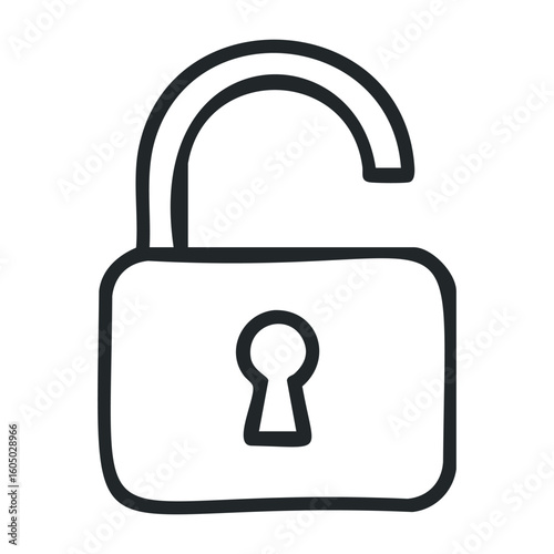 Simple black and white padlock with open shackle symbolizing security access. Vector illustration