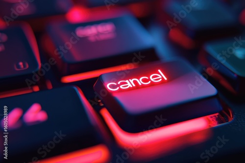 Keyboard keys labeled cancel illuminated in red light reflecting on surrounding keys, the keyboard keys labeled 