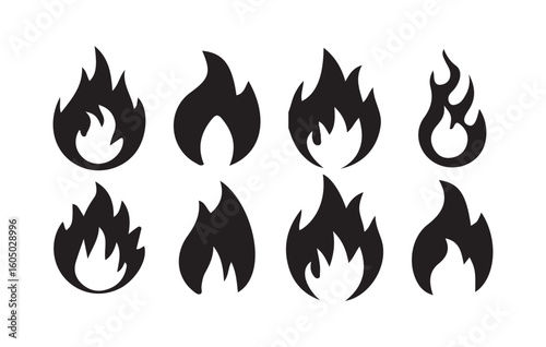 Black Flame Icon Set. Collection of Stylized Fire Silhouettes. Victor illustration eps10