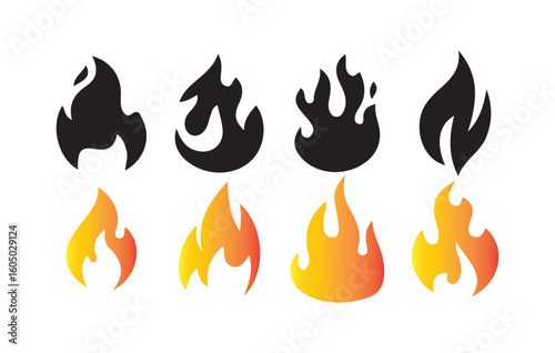 Fire and Flame Icon Set. Black and Gradient Vector Fire Symbols. Victor illustration eps10