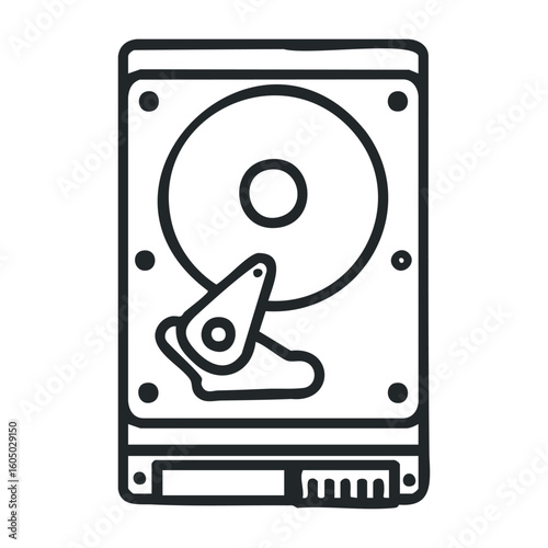 Black and white hard disk drive icon with internal mechanics details. Vector illustration