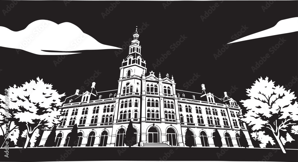 Obraz premium Drawing of a historic building with classical architecture, isolated on a white background. Classical architecture vector.