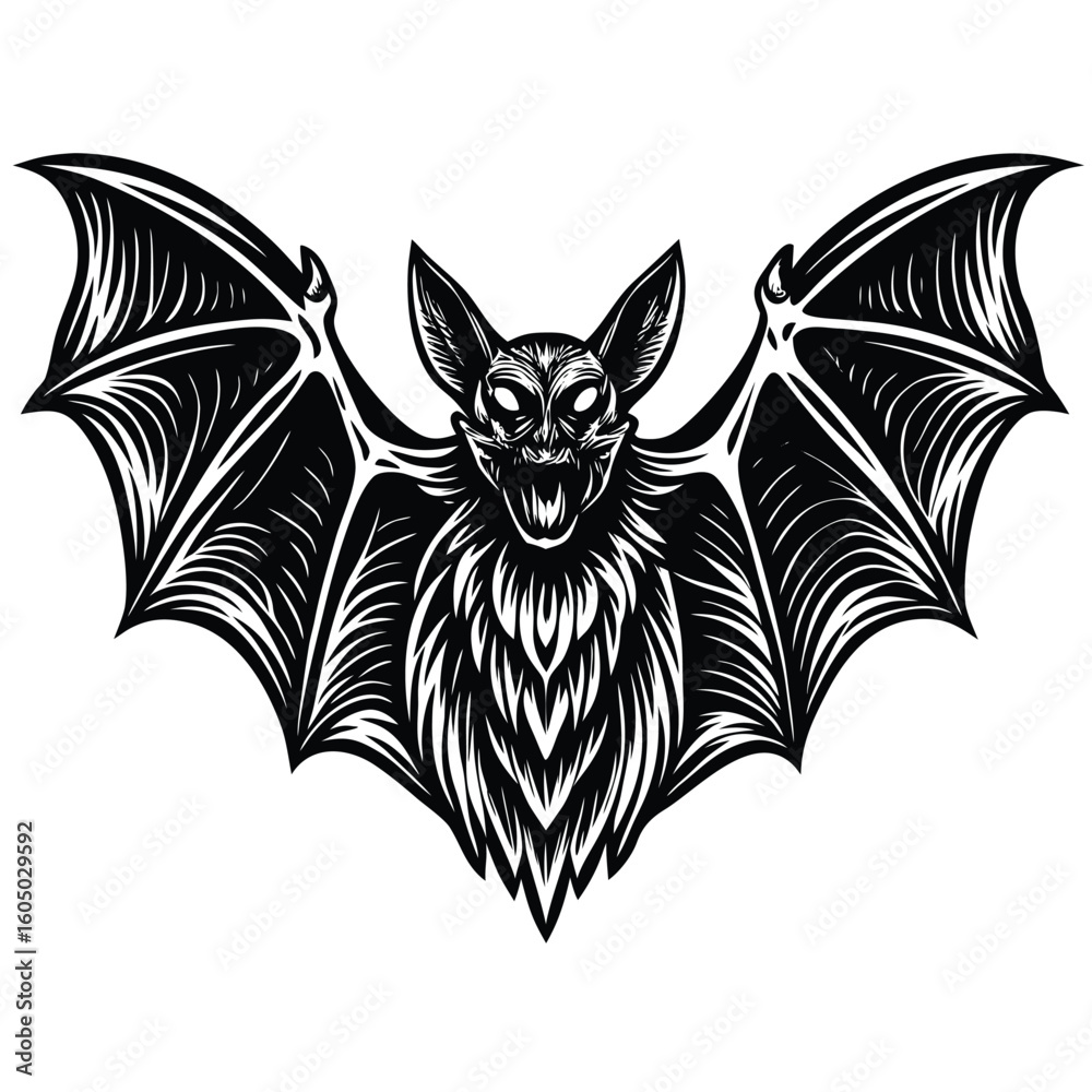 Fototapeta premium Black bat creature with wide wings white silhouette