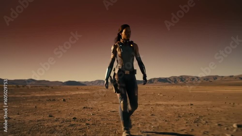 Female figure in futuristic armor walks across a barren desert landscape under a dramatic sunset