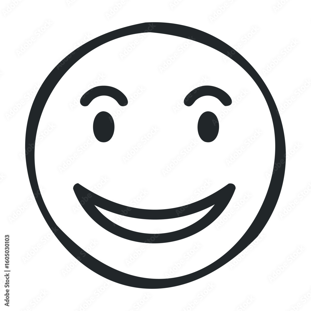 Fototapeta premium Black and white smiling emoji face with circular outline and bold features. Vector illustration