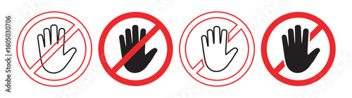 Red STOP sign icon set. No Sign and Stop Sign Icon Set. Sign with hand and stop sign. Warning sign, prohibition, road sign - stock vector.