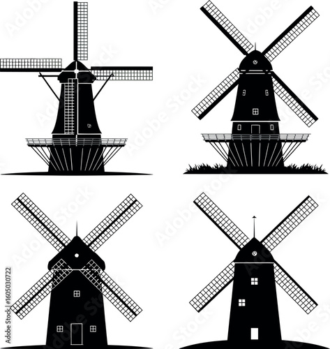 Four black silhouette windmills with white backgrounds and detailed sails vector