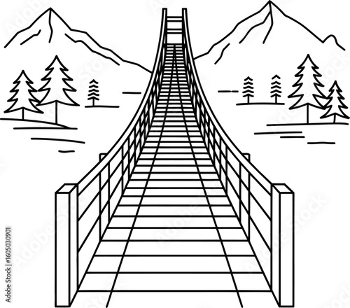 Black and white line drawing of a suspension bridge in a mountain landscape mountains nature