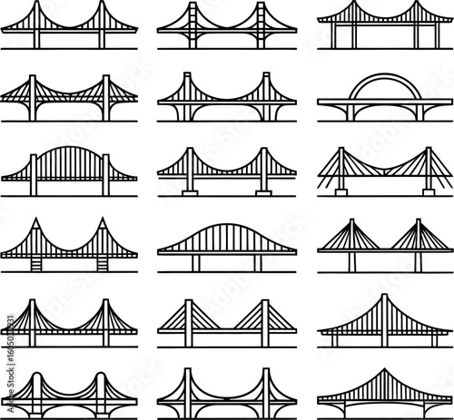 Collection of black and white line art illustrations of various bridge types suspension bridge
