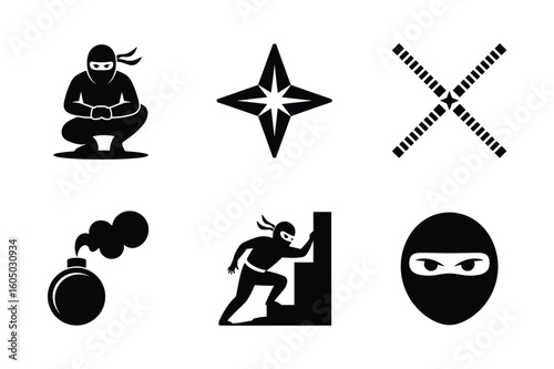 Ninja icons depicting action and weaponry silhouette shuriken