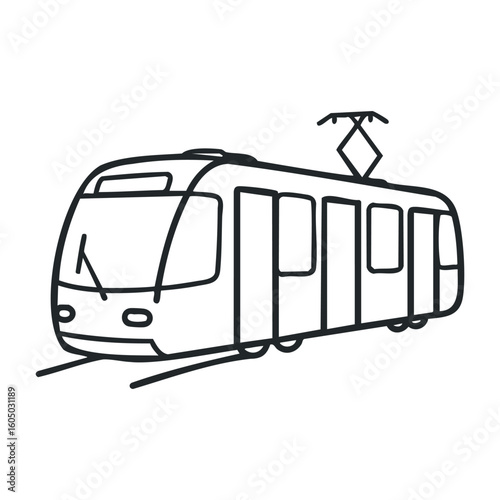 Line drawing of modern urban tram on tracks. Vector illustration
