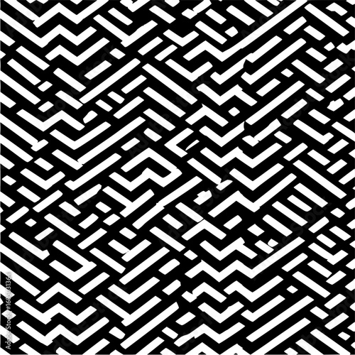 Abstract geometric pattern featuring interlocking white lines on a black background forming a complex maze design
