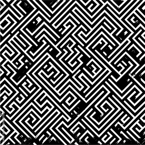 A complex black and white maze pattern with geometric shapes and some distressed texture details throughout