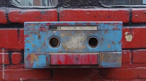 A weathered cassette tape affixed to a brick wall