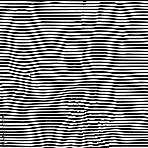 Horizontal black and white lines with distortions creating an optical illusion effect in the image