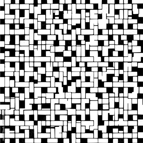 An abstract monochrome mosaic pattern featuring irregular rectangular shapes in a dense arrangement style