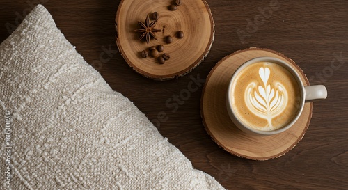 Wallpaper Mural A cozy arrangement featuring a latte with art, coffee beans, and a decorative pillow on a wooden surface. Torontodigital.ca