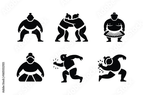 Sumo wrestlers in various poses and actions wrestling sport