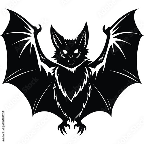 Black bat flying with wings spread silhouette