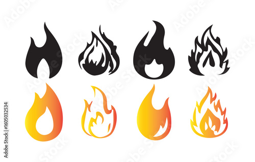 Fire and Flame Icon Set. Black and Gradient Vector Fire Symbols. Victor illustration eps10