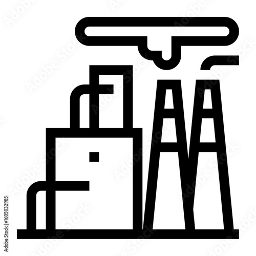 Icono de procesamiento químico. Fábrica con tanques de reacción conectados por tuberías. Control de reacciones y producción. Ilustración vectorial 
