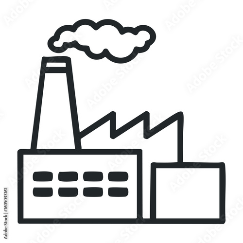 Industrial building icon with smokestack emitting smoke in black and white. Vector illustration