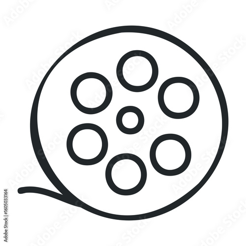 Black and white film reel icon symbolizing cinema and filmmaking concepts. Vector illustration