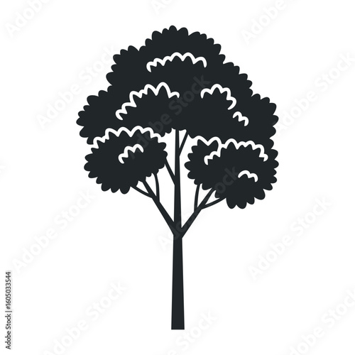 Stylized black and white tree silhouette with detailed canopy and trunk design. Vector illustration