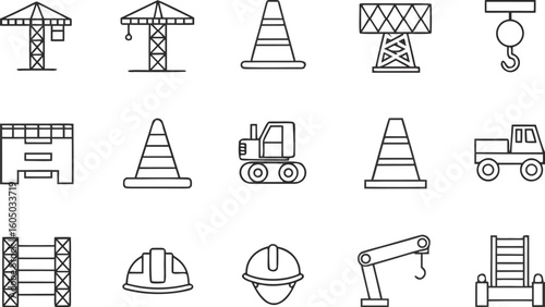 Minimal Construction Line Icons – Cranes, Cones, Helmets, Equipment