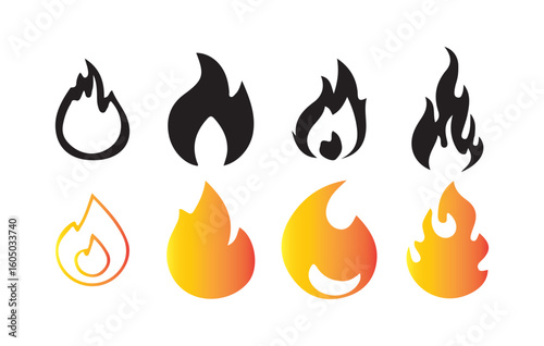 Fire and Flame Icon Set. Black and Gradient Vector Fire Symbols. Victor illustration eps10