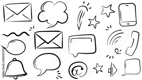 Hand-Drawn Communication Doodle Icons – Chat Bubbles, Mail, Phone, Social Symbols