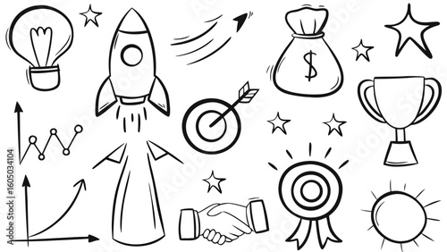 Wallpaper Mural Business Success Doodle Icons – Rocket, Trophy, Target, Graph & Lightbulb Torontodigital.ca