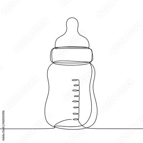 Continuous line vector of a baby bottle in minimalist style. Сonvenient essentials for kids and parents, healthy feeding, baby products shopping